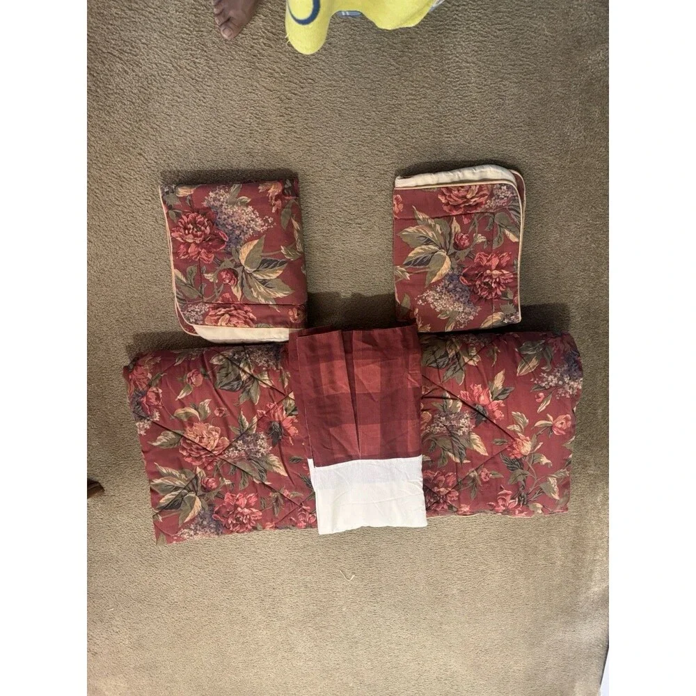 Croscill Burgundy Floral Comforter, Bed Skirt & 2 STD Shams Set Queen